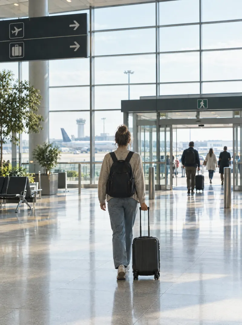 a traveller with a carry-on in an airport arrivals hall