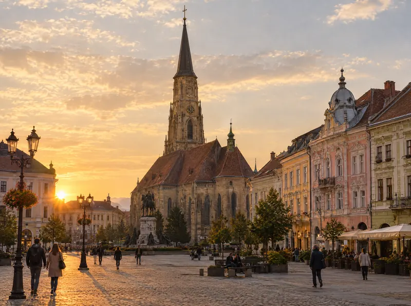 Cluj-Napocas gamle bydel i det gyldne aftenlys