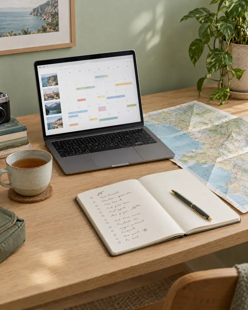 et koordineringsskrivebord med rejsekalender, papirkort og tjekliste