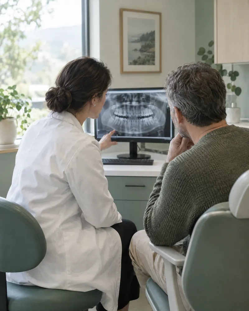 en tandlæge og en patient ser sammen på et røntgenbillede